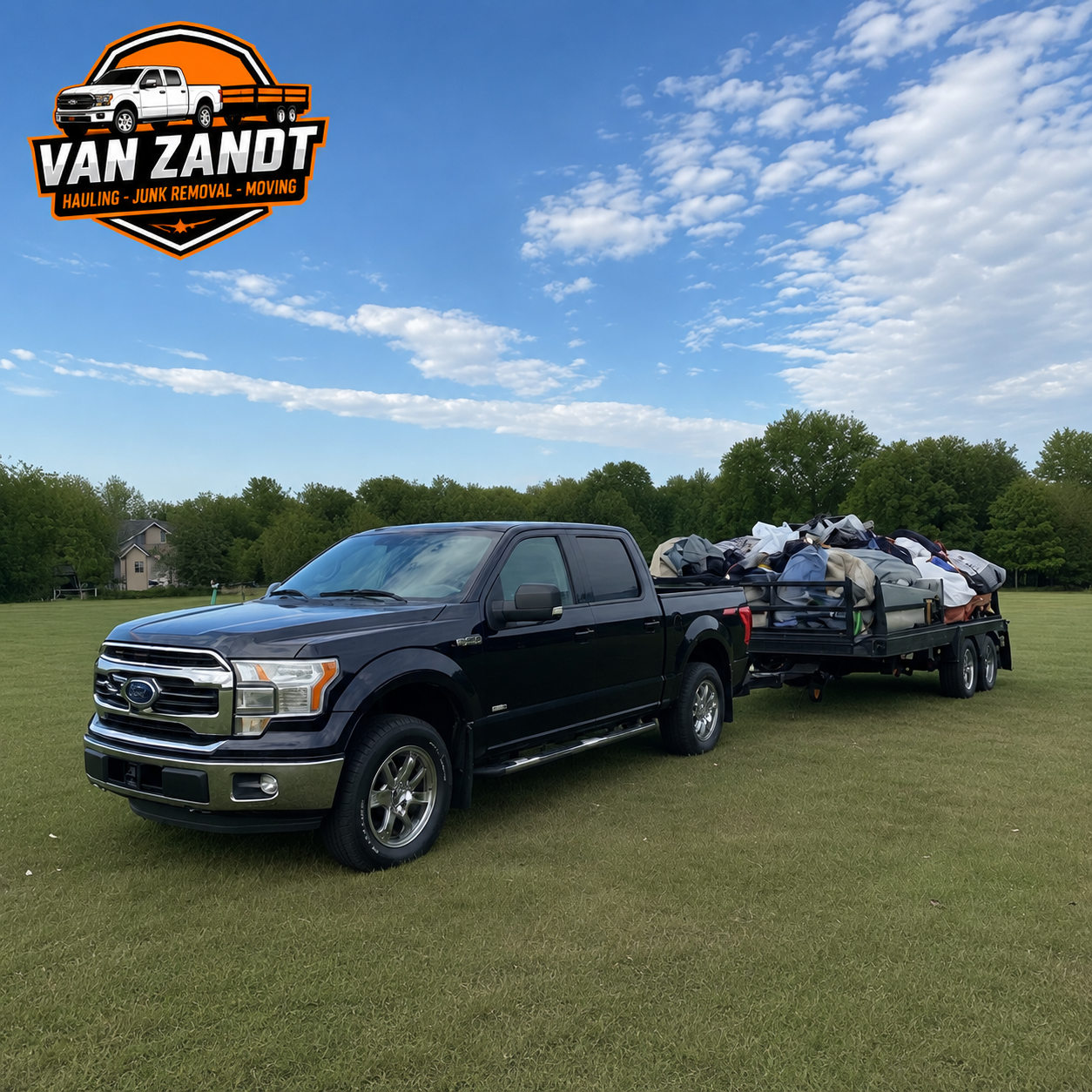 Van Zandt truck with a fully loaded trailer of furniture in an open field
